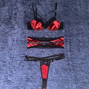 (USED) Red Wine Seduction with Strappy Details | 3-Piece Lace Lingerie Set